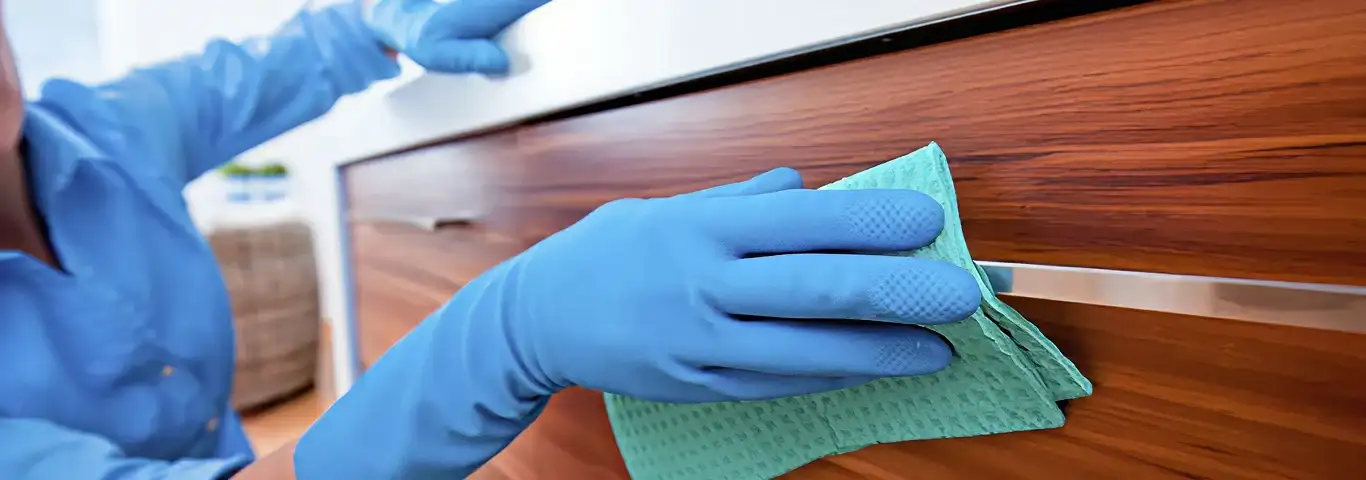 Cleaner wearing blue gloves wiping a wooden cabinet drawer with a microfiber cloth for dust and grime removal, Salt Lake City, UT.