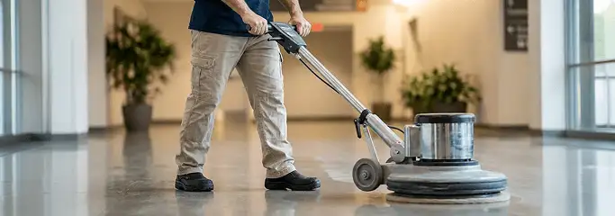 Professional technician using an industrial floor buffer to polish and maintain shiny commercial flooring in a corporate hallway in Salt Lake City, UT.