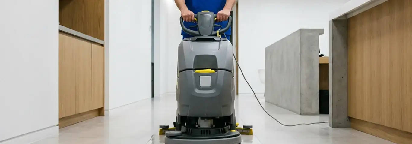 Janitorial staff using a floor scrubber machine to clean a commercial hallway, Salt Lake City, UT.