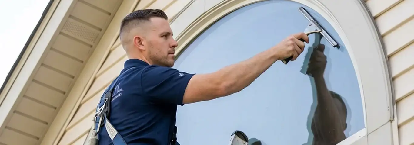 Professional window cleaner using a squeegee to clean an exterior arched window on a home, Salt Lake City, UT.