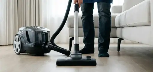 Professional house cleaner vacuuming a living room floor with a canister vacuum cleaner, Salt Lake City, UT.