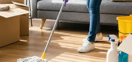 Move-out cleaning setup with a cleaner mopping hardwood floors near moving boxes and cleaning supplies, Salt Lake City, UT.