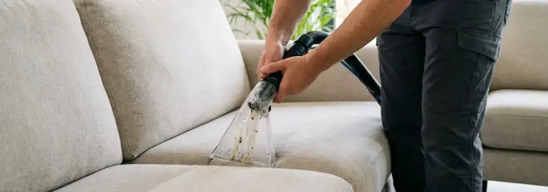 Technician extracting dirt and moisture from a fabric sofa with an upholstery cleaning wand, Salt Lake City, UT.