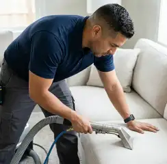 Professional upholstery cleaning technician using an extraction wand to deep-clean a fabric sofa, Salt Lake City, UT.
