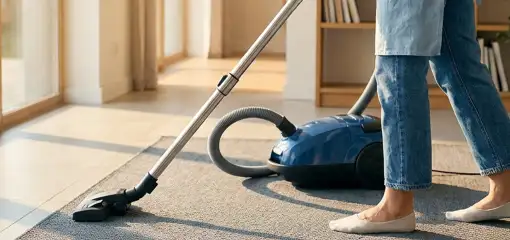Person vacuuming a living room rug with a canister vacuum cleaner near large windows, Salt Lake City, UT.